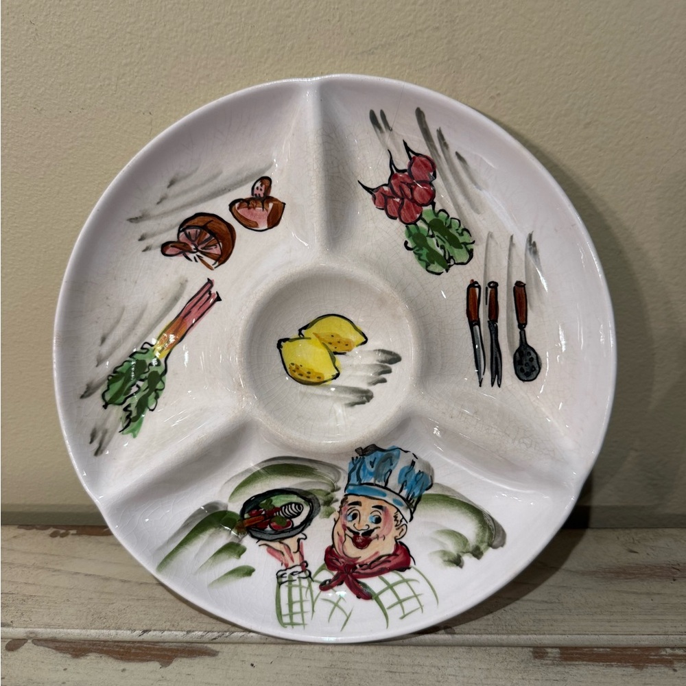 Vintage Hand-Painted Chef Design Divided Serving Plate Vegetable Relish Plate